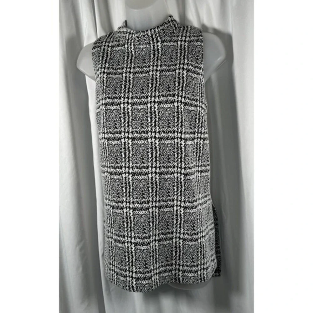 Michael Kors Black‎ White Plaid Mock Neck Sleeveless Tunic Top L Preppy 86-34